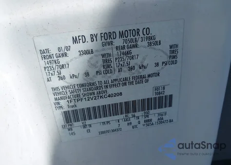 2007 Ford F-150 Xl/Xlt z USA, uszkodzony, nr VIN 1FTPF12V27KC40208